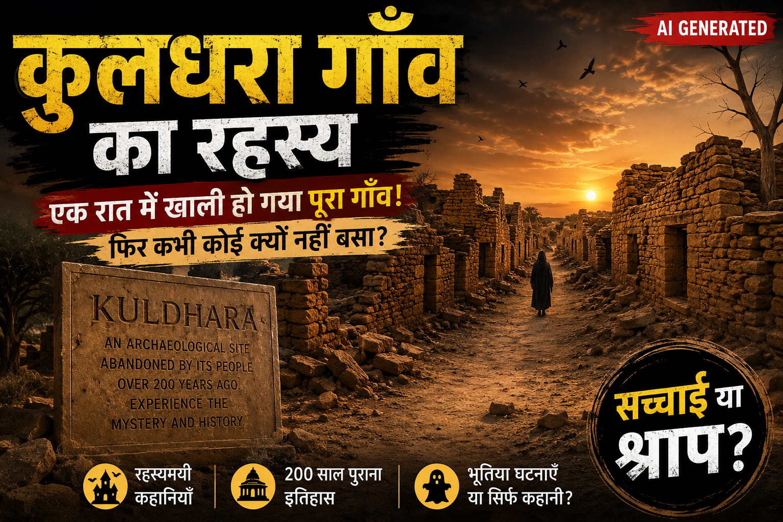 Kuldhara Village mystery in Rajasthan, showing the abandoned ruins of the historic village under a dramatic sunset sky.