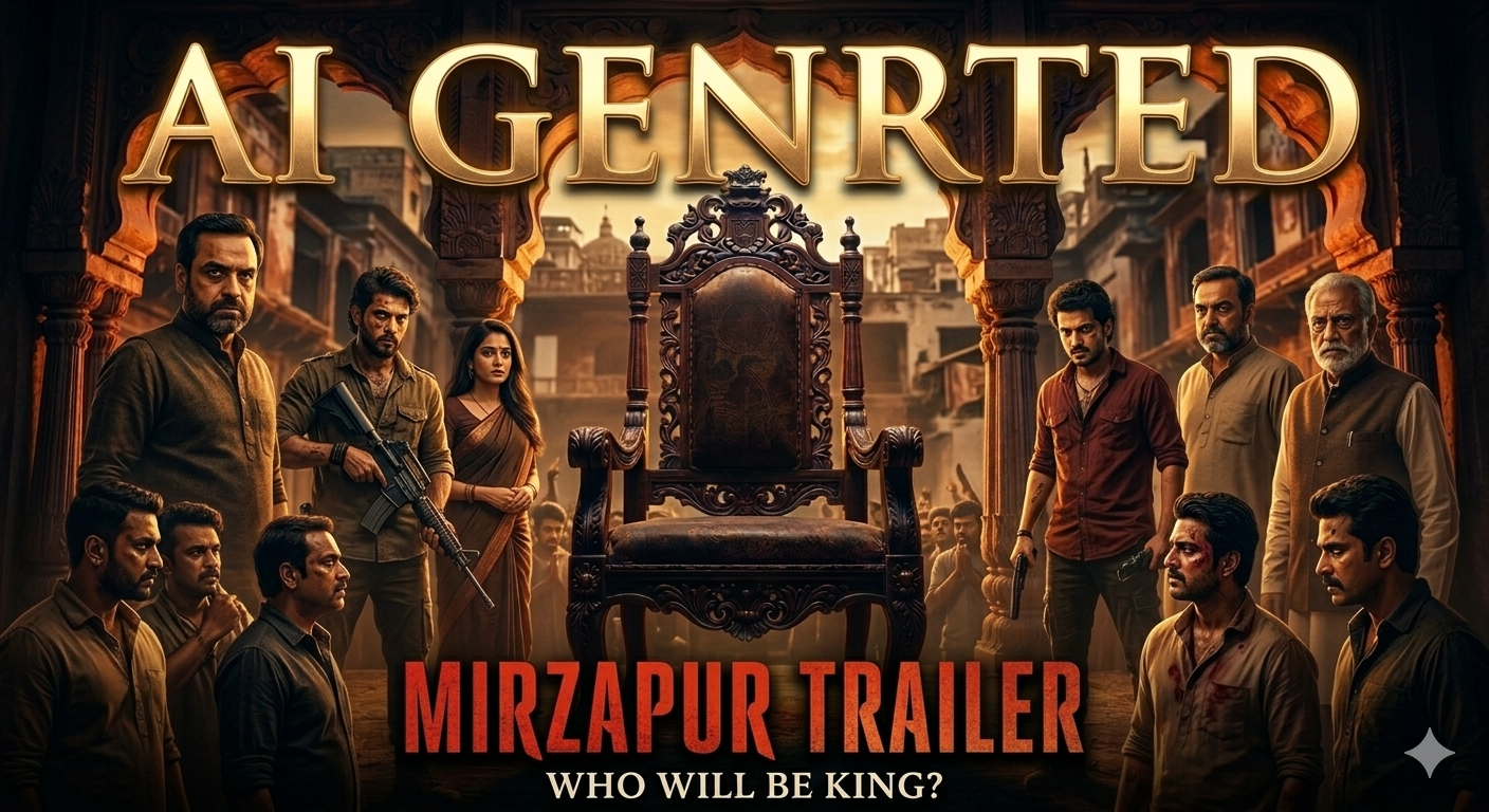 "Mirzapur Movie Trailer conceptual thumbnail featuring main characters like Kaleen Bhaiya and Guddu Pandit standing around an ornate throne with bold text reading 'AI GENERATED' and 'MIRZAPUR TRAILER'."