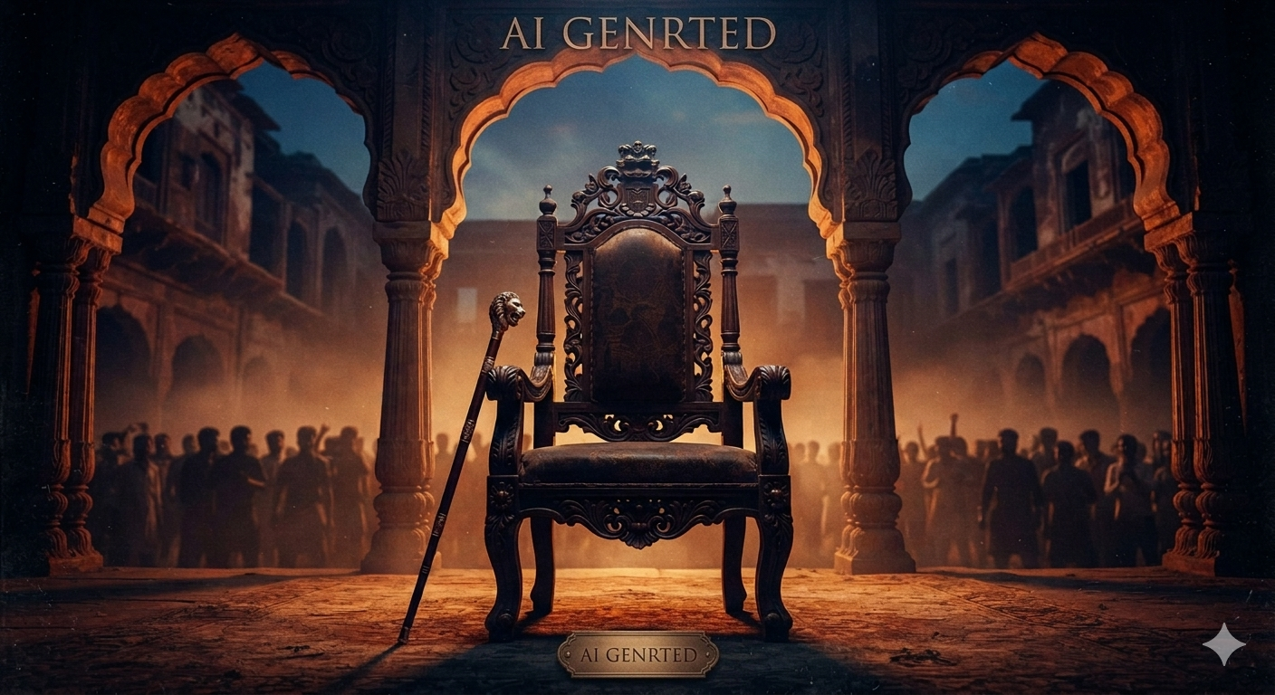 "Mirzapur Movie Trailer fan-made conceptual thumbnail featuring main characters like Kaleen Bhaiya, Guddu Pandit, and Munna Bhaiya standing around the iconic throne with text 'AI GENERATED' and 'MIRZAPUR TRAILER'."