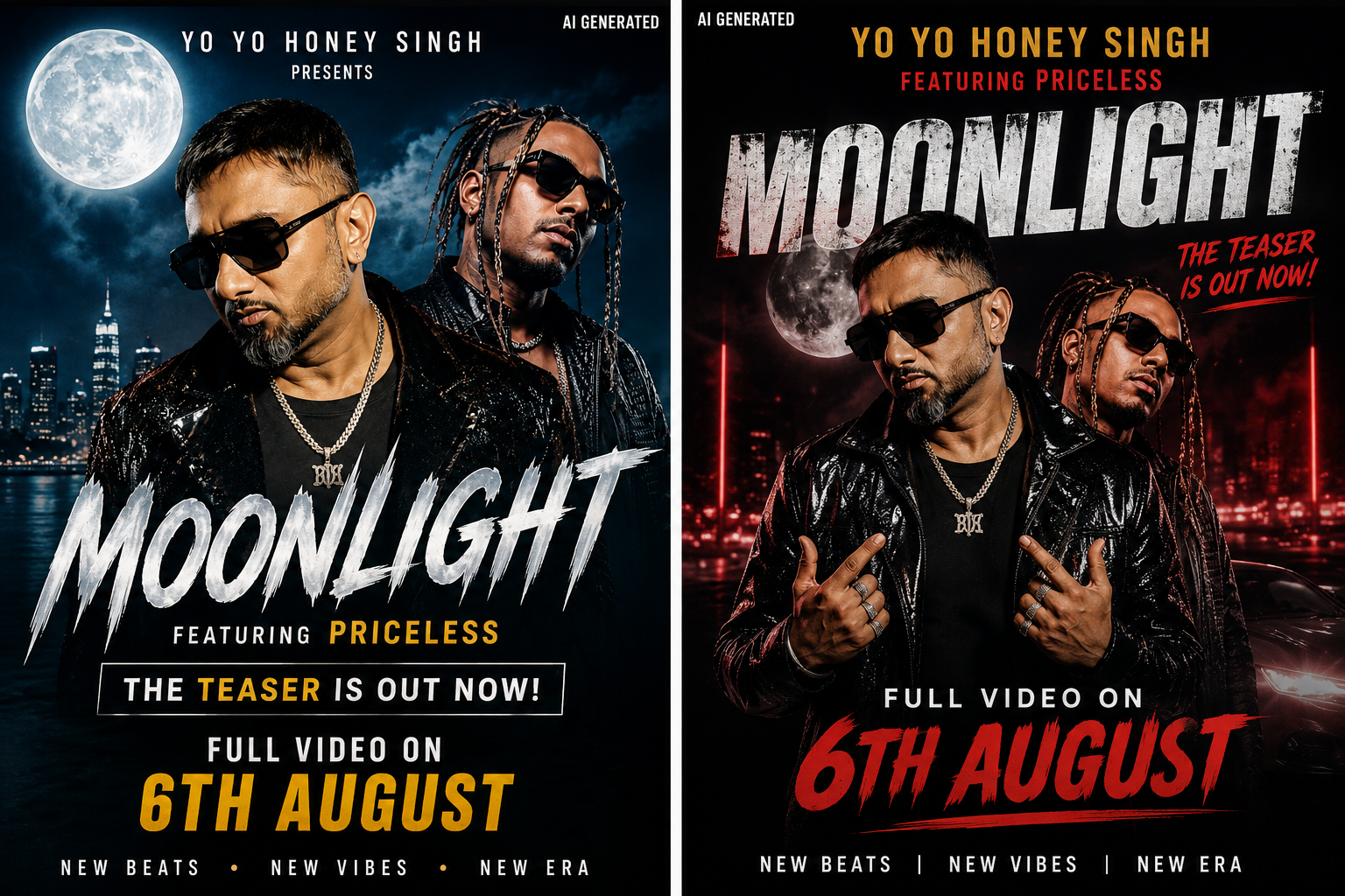 Yo Yo Honey Singh and Priceless in AI-generated Moonlight music posters, featuring the teaser and full video release date of August 6.