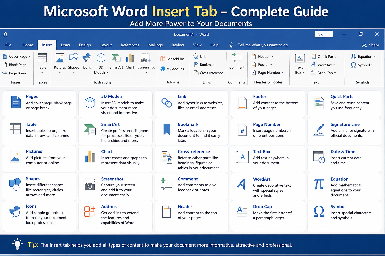 Microsoft Word Insert Tab with Pages, Table, Pictures, Shapes, SmartArt, Chart and other tools