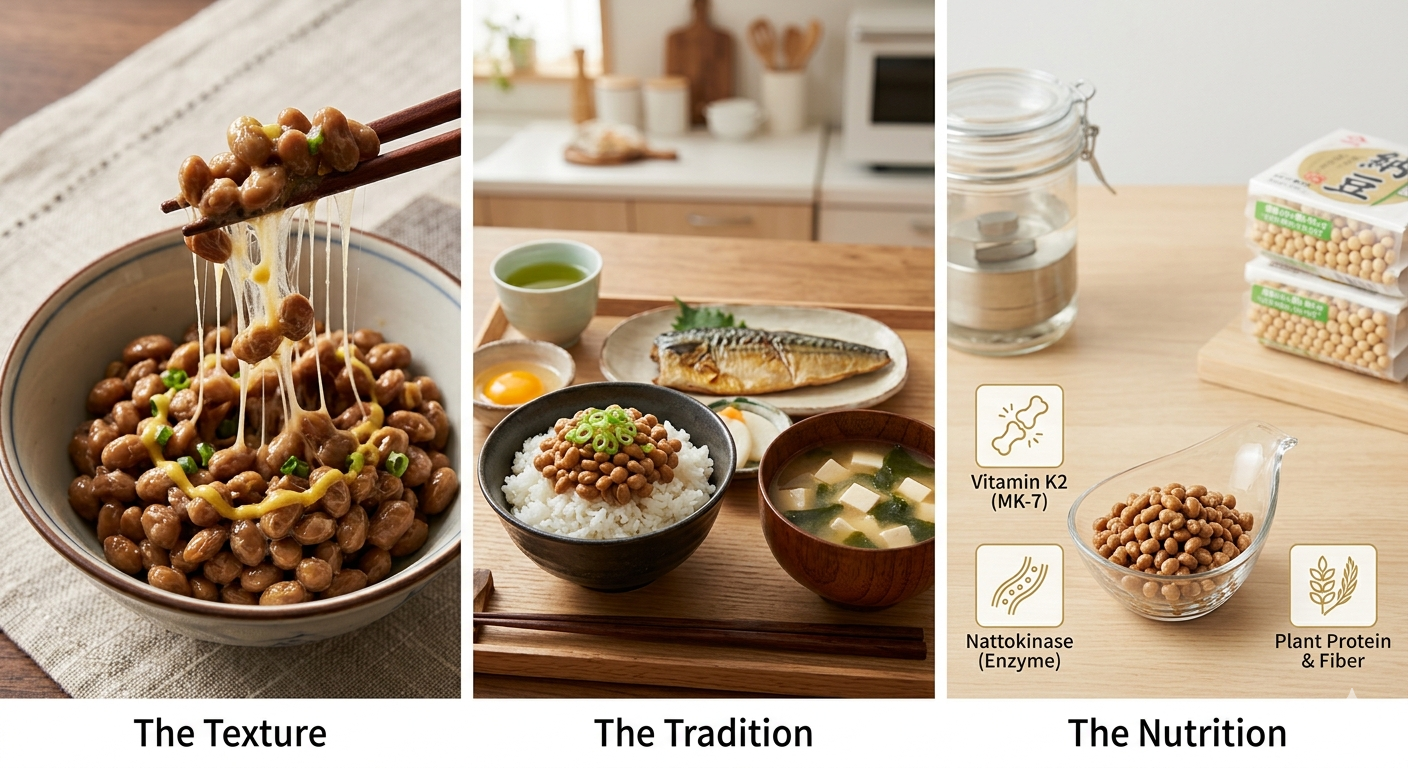 AI-generated illustration of traditional Japanese natto fermented soybeans served with rice