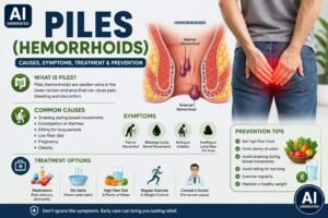 AI-generated medical infographic about piles (hemorrhoids), showing symptoms, causes, treatment and prevention tips