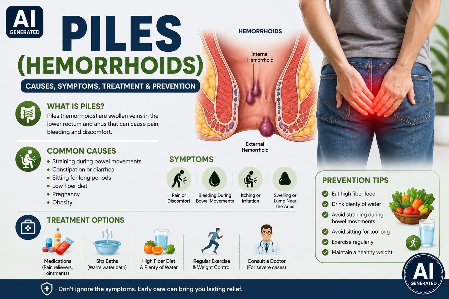 AI-generated medical infographic about piles (hemorrhoids), showing symptoms, causes, treatment and prevention tips