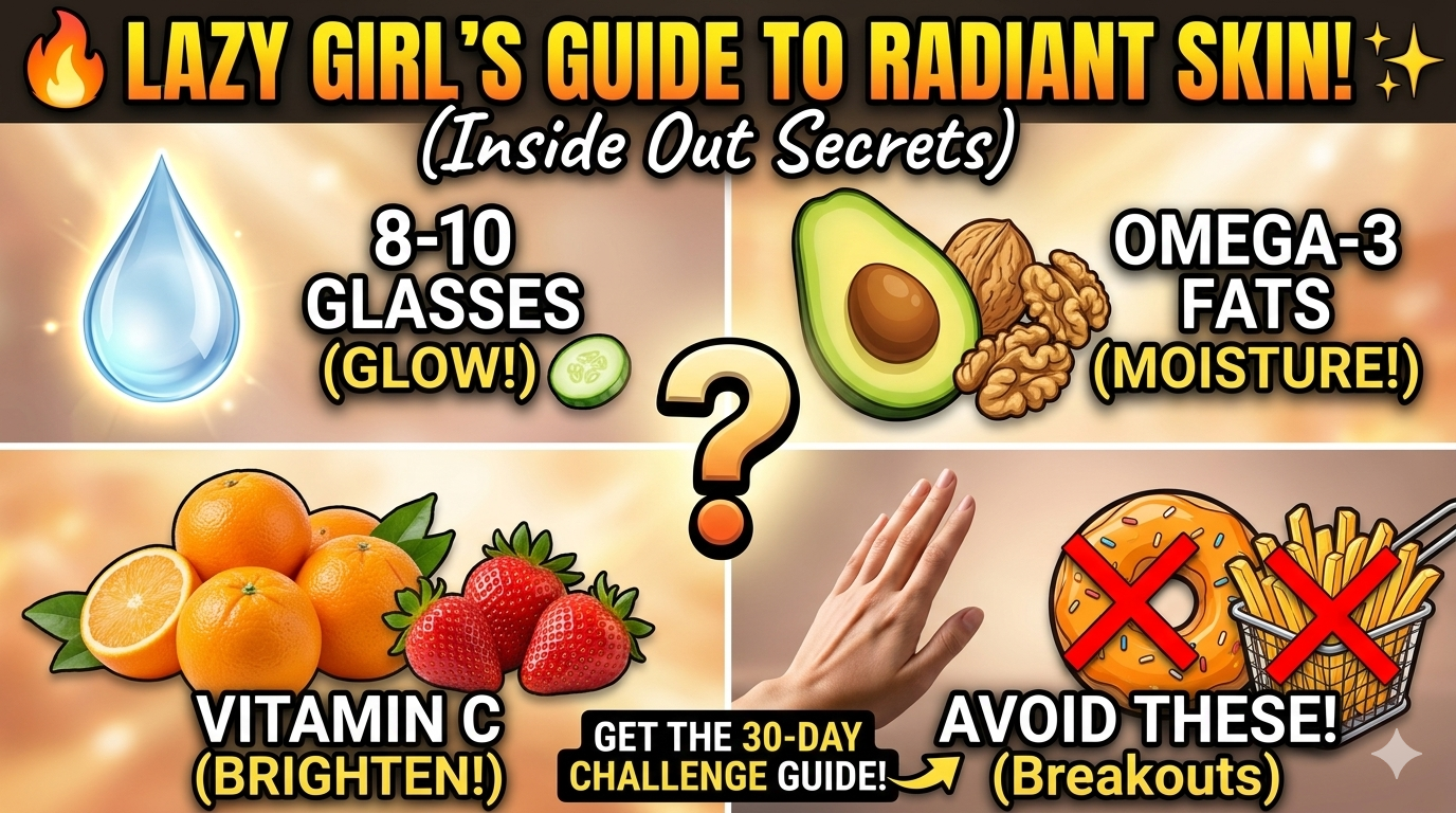 "An elegant lifestyle layout featuring fresh avocados, walnuts, chia seeds, and citrus fruit slices arranged beautifully alongside a glowing woman's skin texture to highlight the best healthy diet for a natural skin glow."