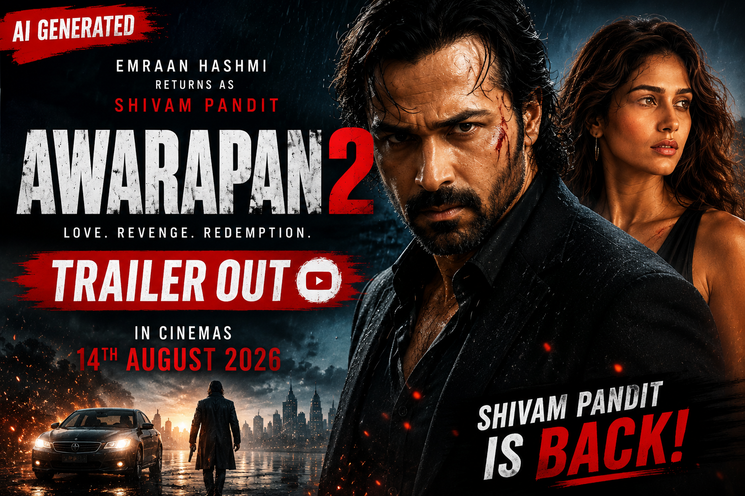 AI generated Awarapan 2 trailer thumbnail featuring Emraan Hashmi as Shivam Pandit