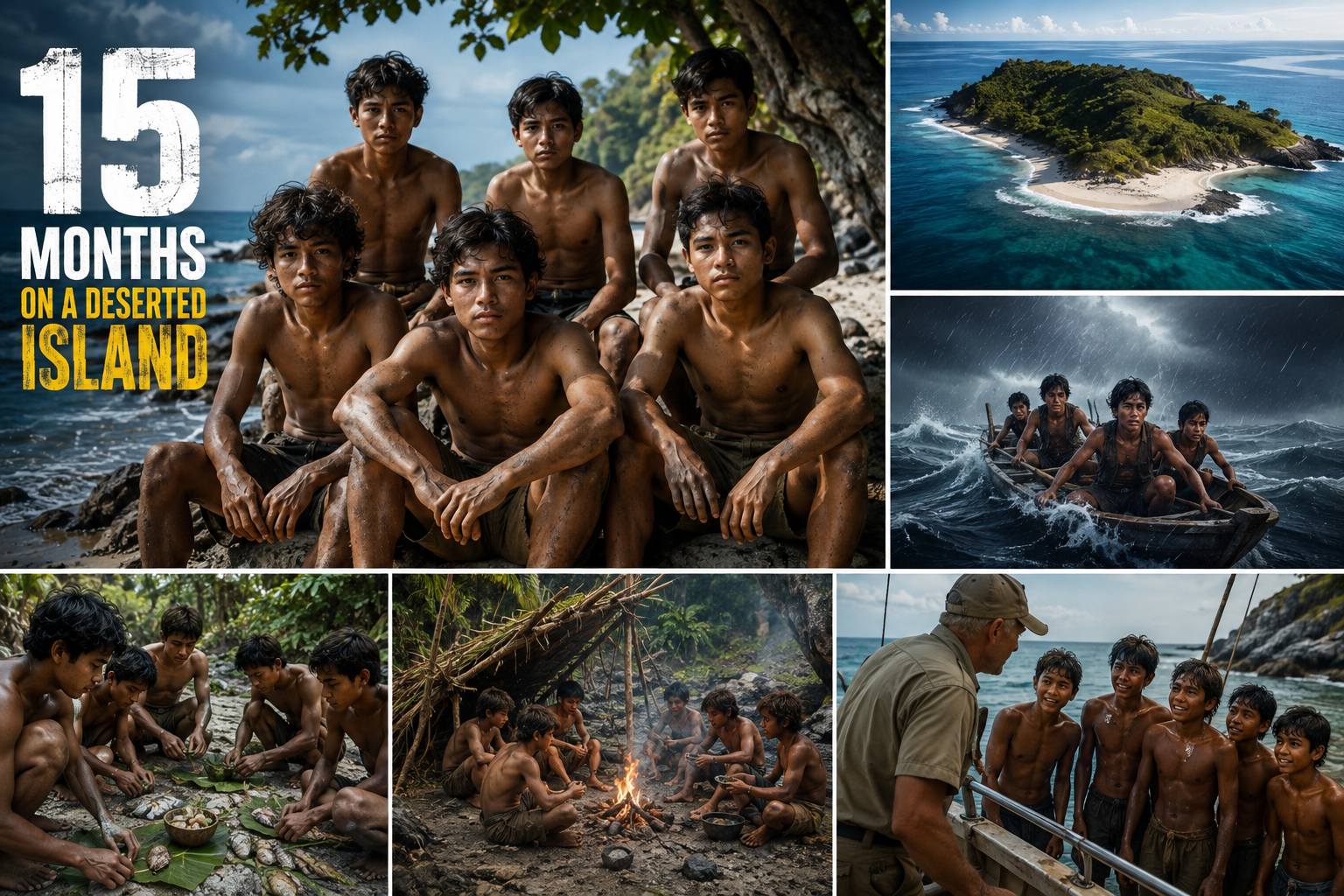 Six teenagers stranded on a deserted island for 15 months, surviving together and waiting for rescue — AI-generated image.