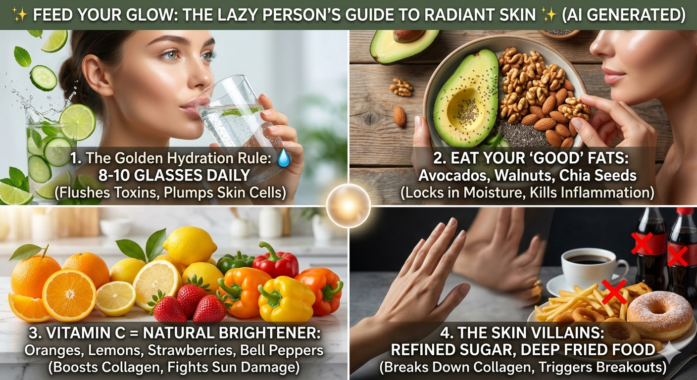 "A 2-part skin wellness infographic with an 'AI GENERATED' label. The left light-blue column focuses on 'WATER & GLOW' (Day 1-15 Hydration), and the right orange column focuses on 'NUTRIENT-RICH DIET' (Day 16-30 Nutrition) for glowing skin."