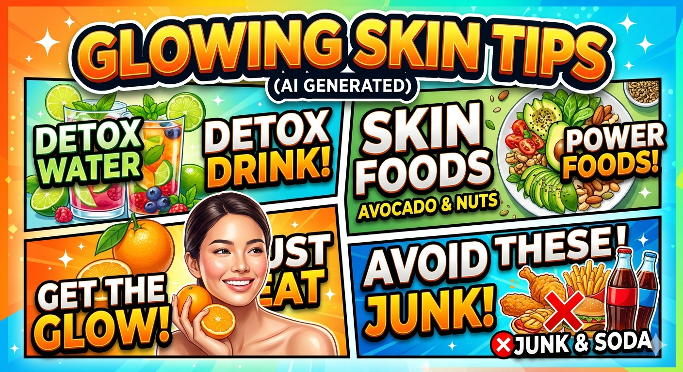 "A vibrant, colorful 4-panel health thumbnail titled 'GLOWING SKIN TIPS (AI GENERATED)'. It features visual sections for Detox Water, Skin Foods like avocado, Get the Glow with citrus fruits, and an 'Avoid These' section with a red cross over junk food and soda."